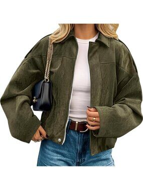 Women's Green Faux Suede Jackets Fall Outfits Coat Open Front Cropped Jacket